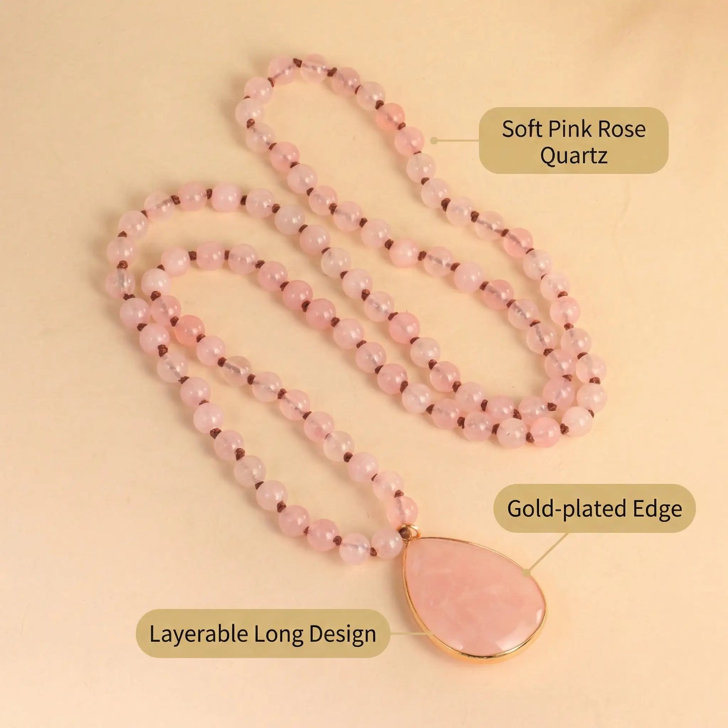 Rose Quartz Layering Necklace Boho Long Beaded Chain with Teardrop Pendant fo... - Side view | AnwenYing Jewelry