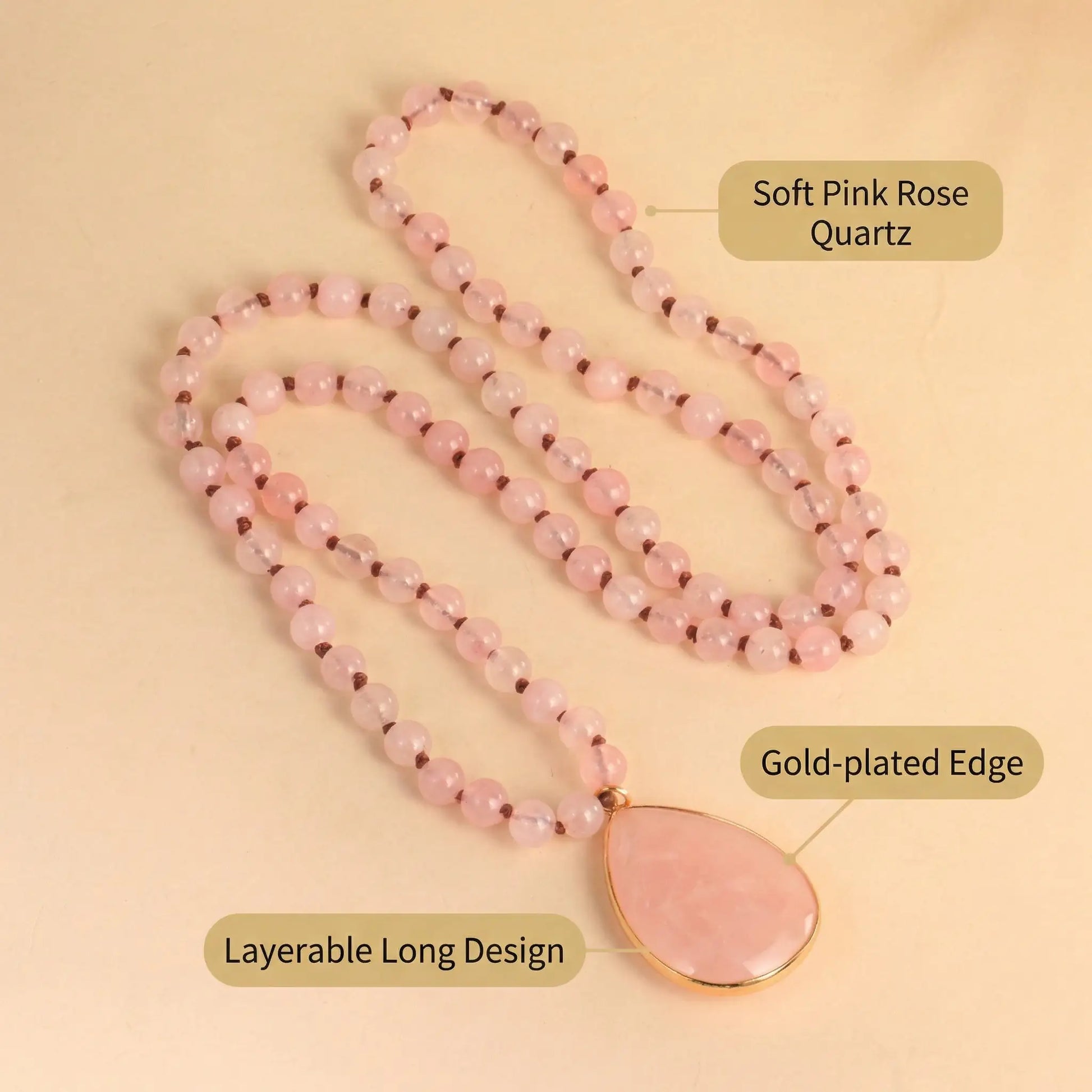 Rose Quartz Layering Necklace Boho Long Beaded Chain with Teardrop Pendant fo... - Side view | AnwenYing Jewelry