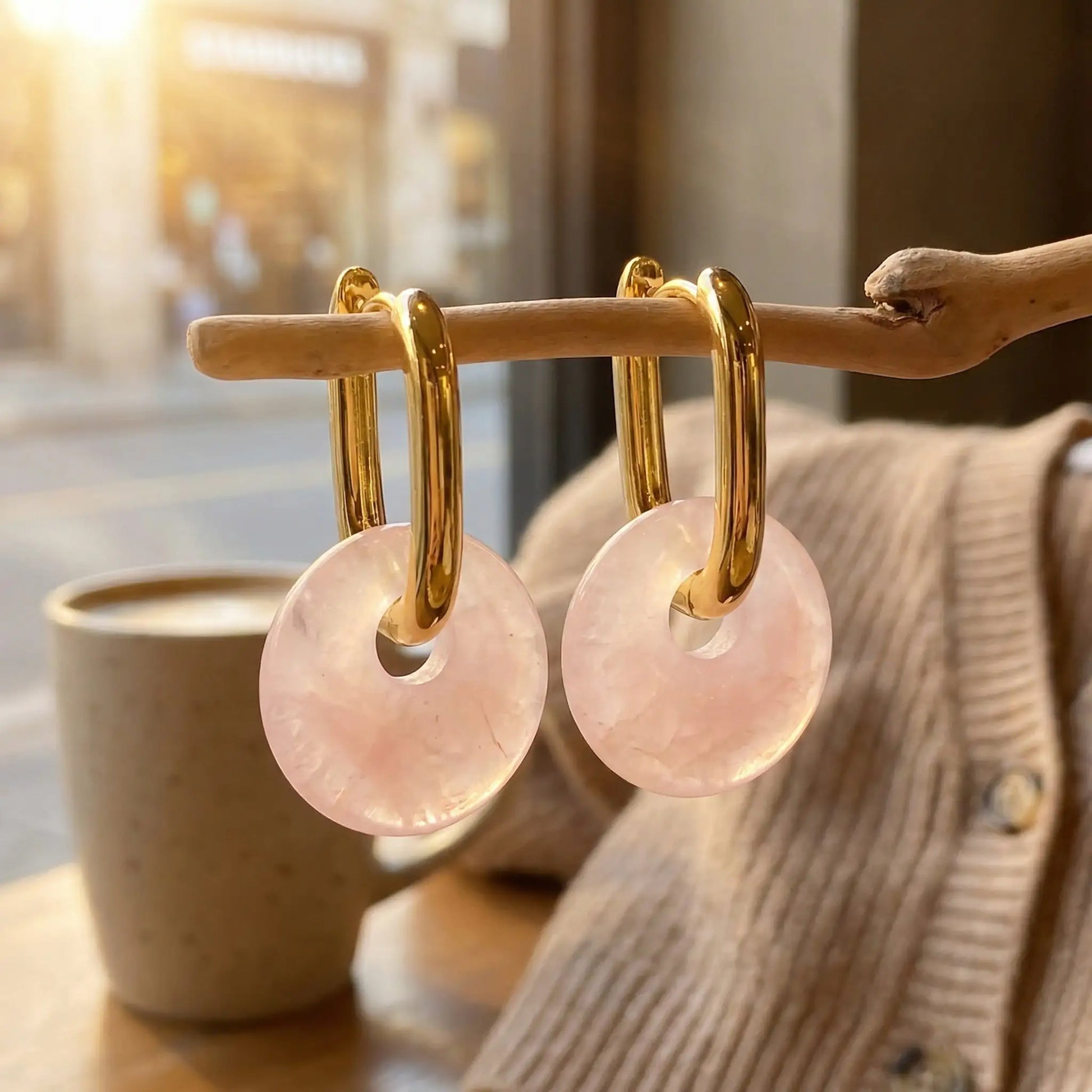 Vintage Pink Quartz Donut Hoop Earrings Peace Coin Amulet - Close-up | AnwenYing Jewelry
