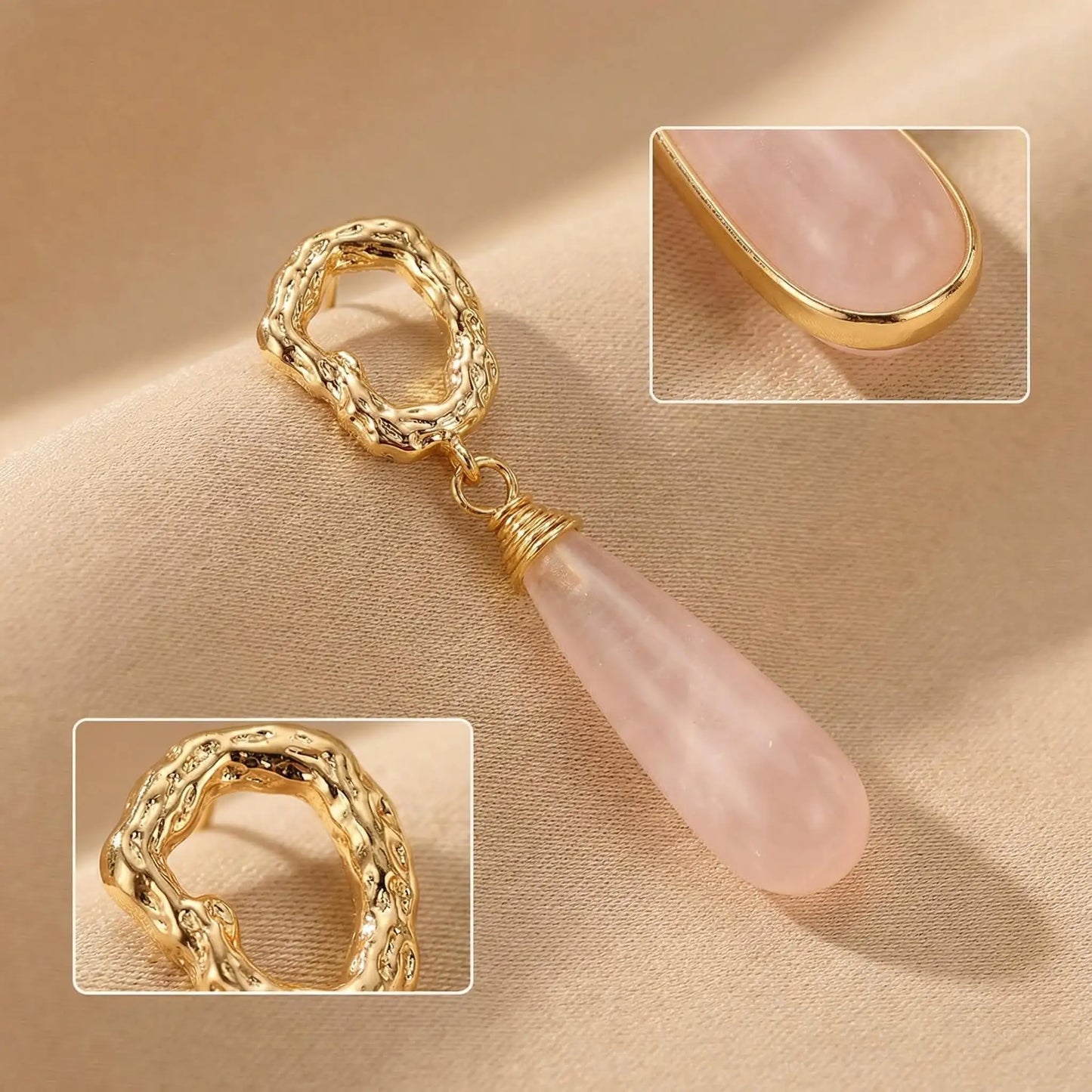Artisanal Organic Textured Frame Pink Quartz Earrings - Close-up | AnwenYing Jewelry