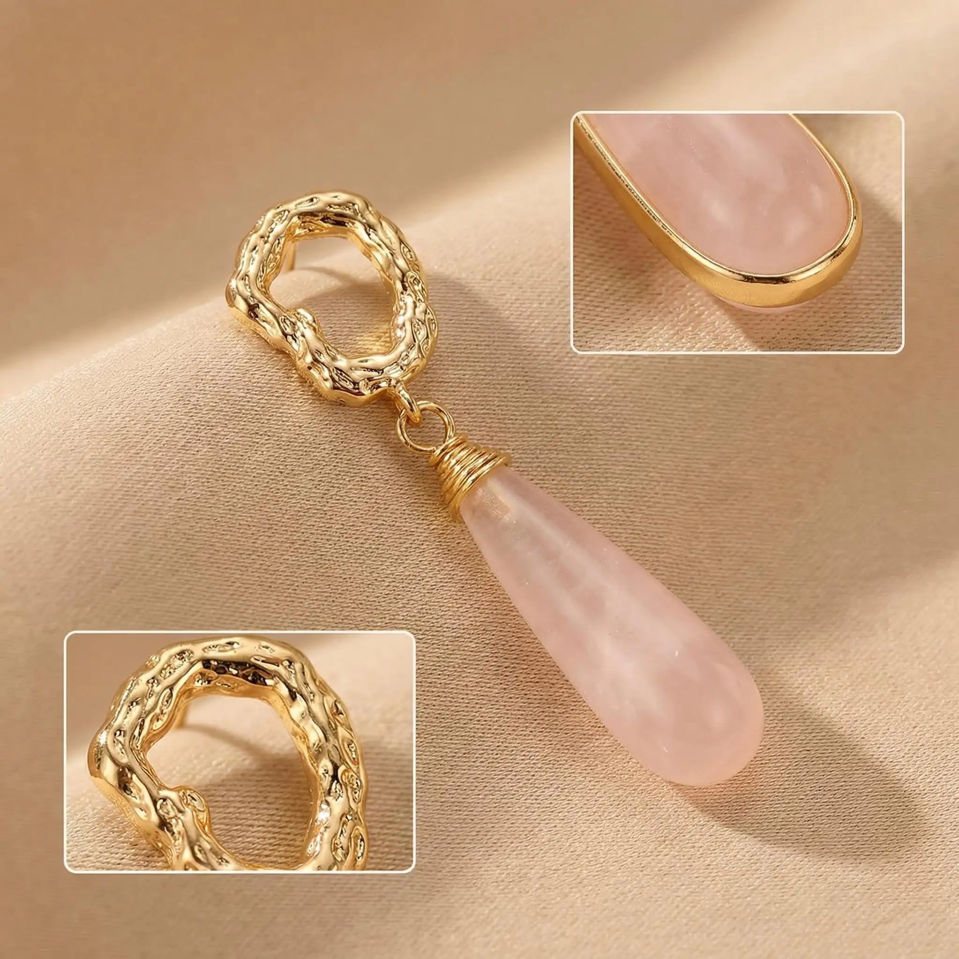 Artisanal Organic Textured Frame Pink Quartz Earrings - Close-up | AnwenYing Jewelry