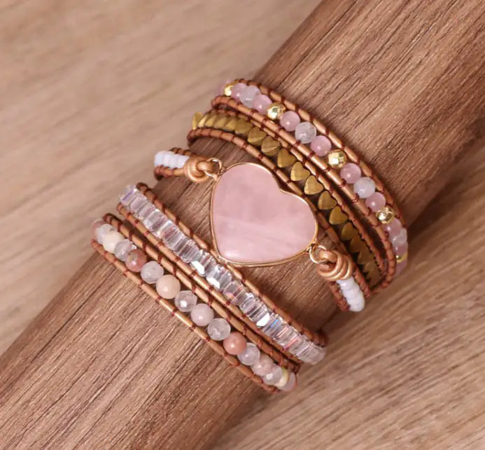 Heart-Shaped Pink Quartz Layered Wrap Bracelet Love Charm Boho Cuff - Close-up | AnwenYing Jewelry