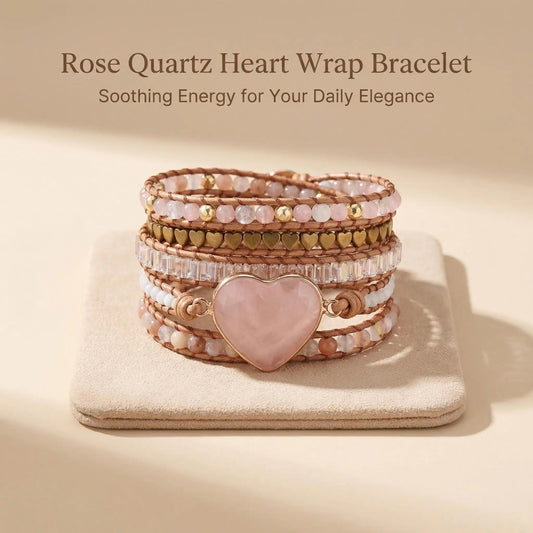 Heart-Shaped Pink Quartz Layered Wrap Bracelet Love Charm Boho Cuff - Front view | AnwenYing Jewelry
