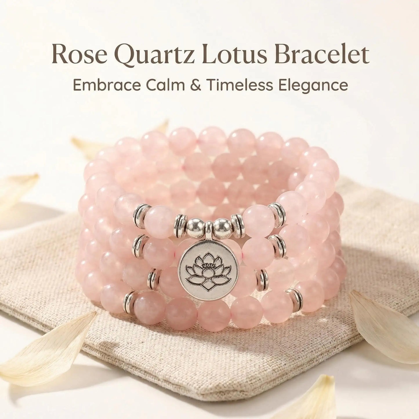 meaningful Pink Quartz Bead Necklace Lotus Charm mindful design Wrap - Front view | AnwenYing Jewelry