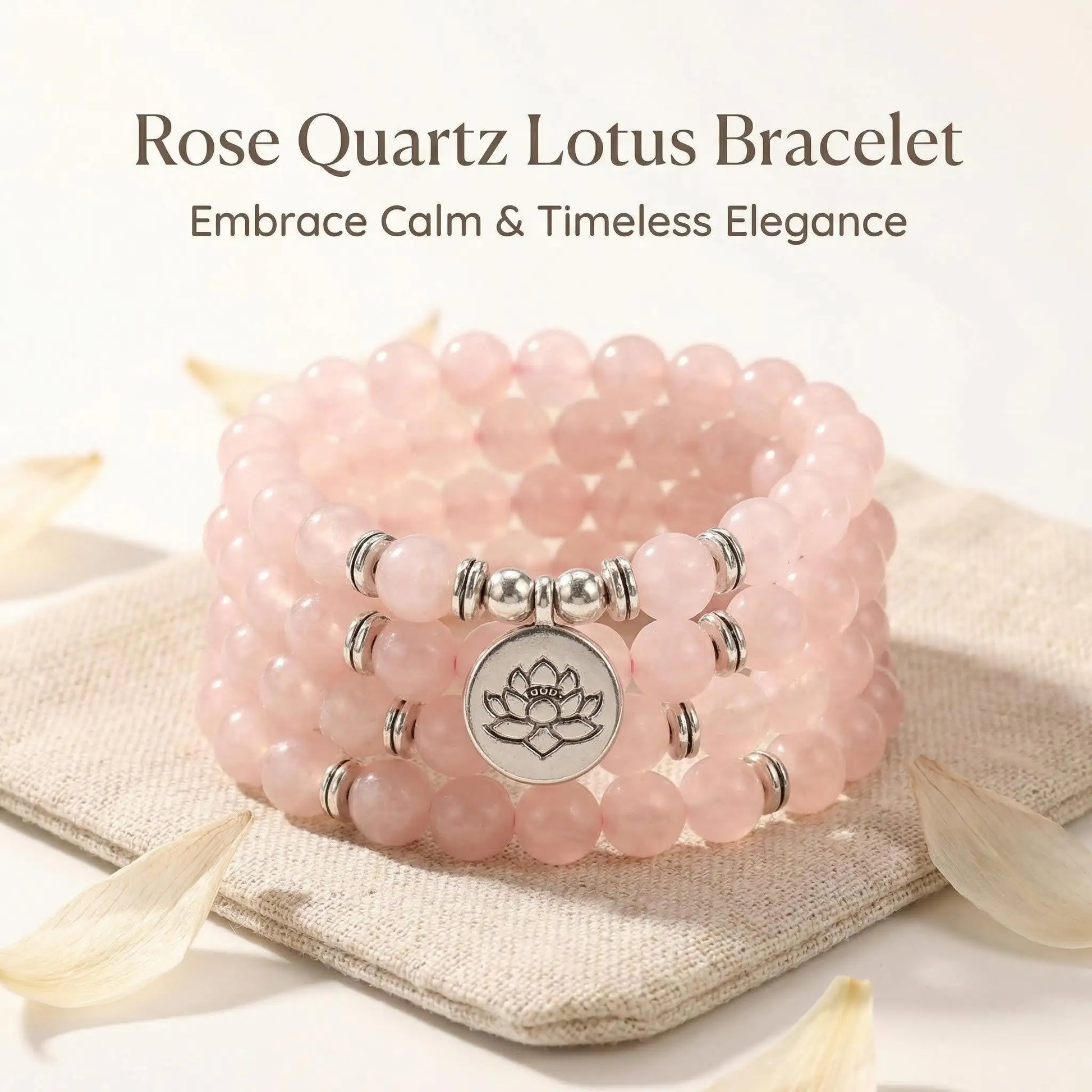 meaningful Pink Quartz Bead Necklace Lotus Charm mindful design Wrap - Front view | AnwenYing Jewelry