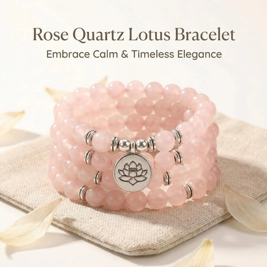 meaningful Pink Quartz Bead Necklace Lotus Charm mindful design Wrap - Front view | AnwenYing Jewelry