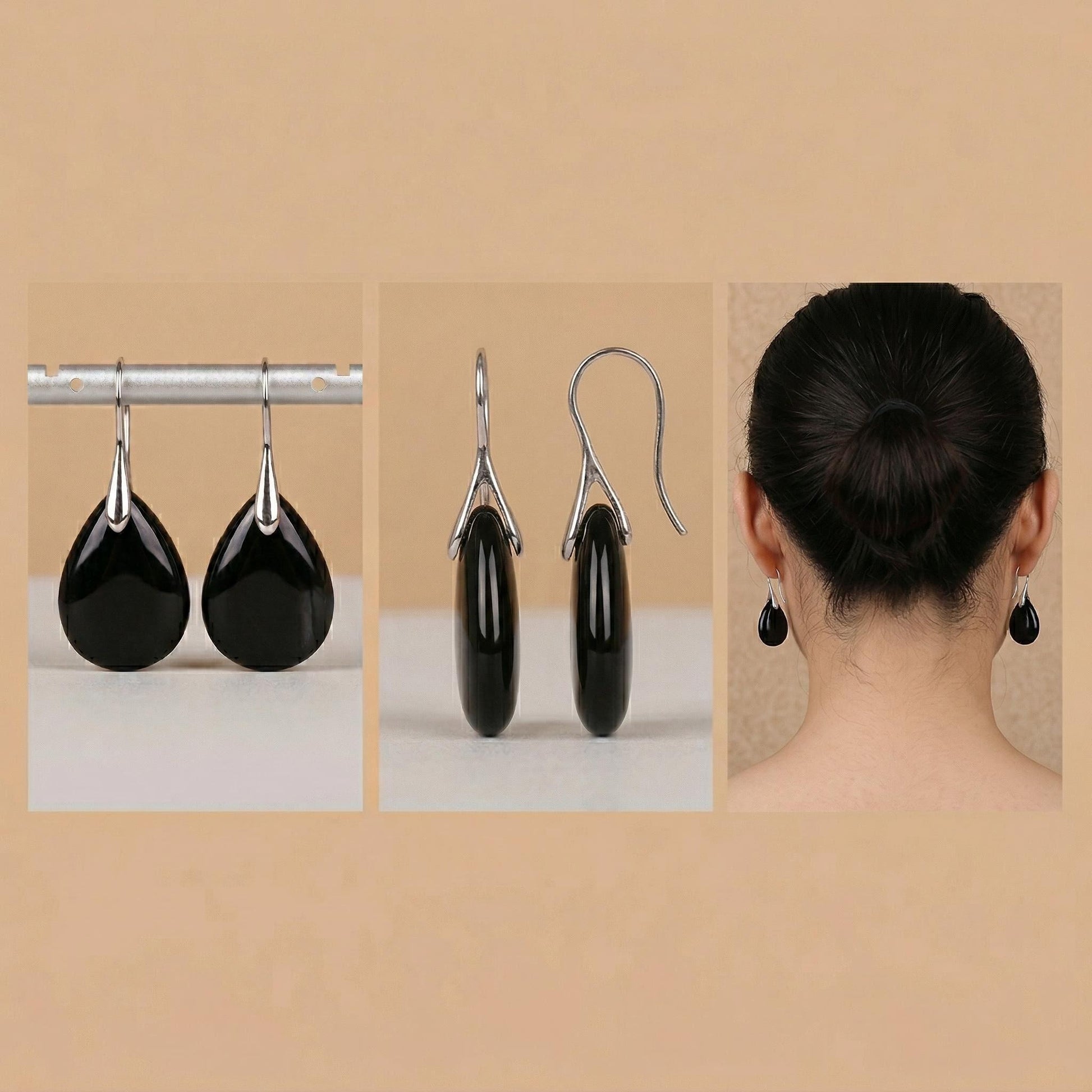 Black Onyx Teardrop Earrings Hook for Minimalist - Close-up | AnwenYing Jewelry