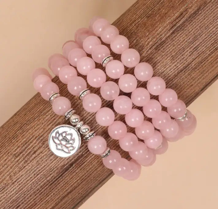 meaningful Pink Quartz Bead Necklace Lotus Charm mindful design Wrap - Model wearing | AnwenYing Jewelry