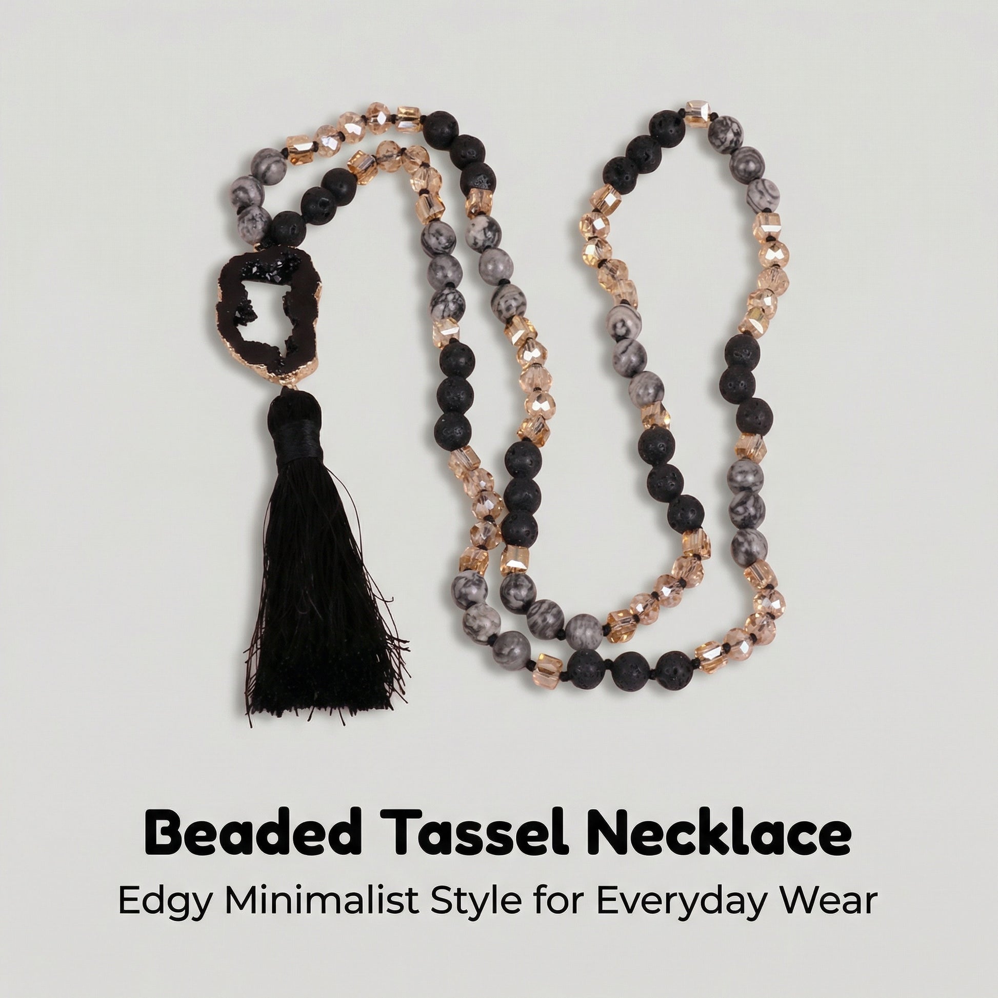 Black Druzy Agate beaded Beaded Necklace Tassel Pendant Design - Front view | AnwenYing Jewelry