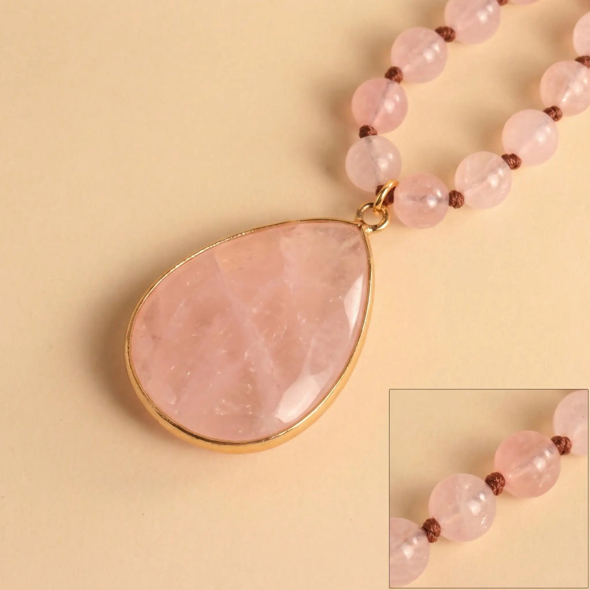 Rose Quartz Layering Necklace Boho Long Beaded Chain with Teardrop Pendant fo... - Detail view | AnwenYing Jewelry