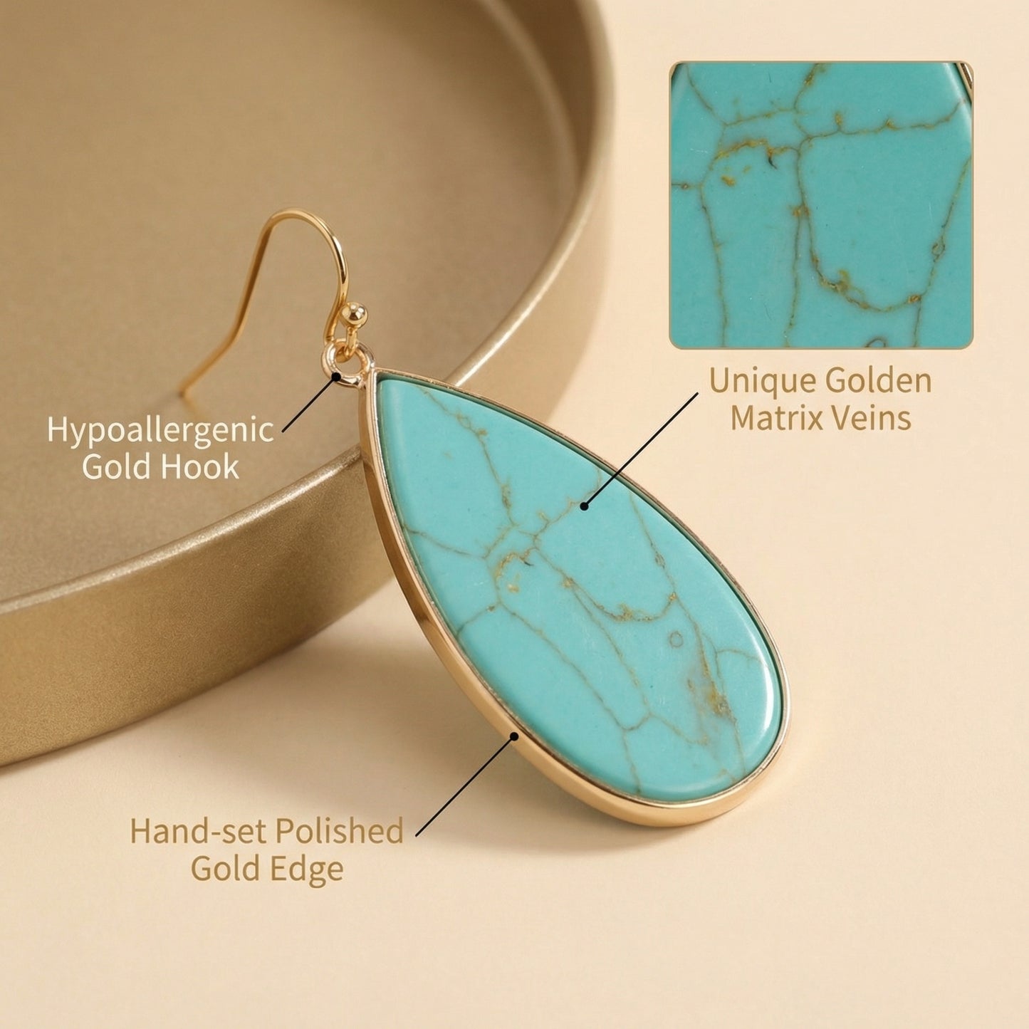 Natural Turquoise Teardrop Earrings Boho minimalist Jewelry for Calm durable - Side view | AnwenYing Jewelry