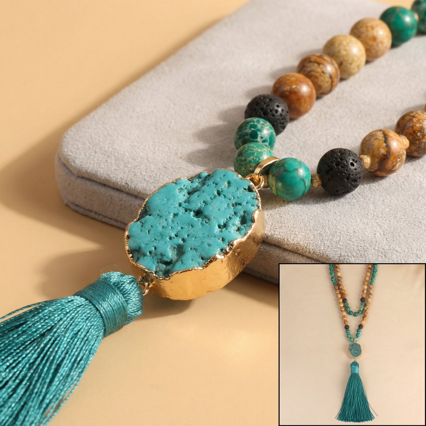 Turquoise beaded Necklace Tassel Pendant for Calm durable - Detail view | AnwenYing Jewelry
