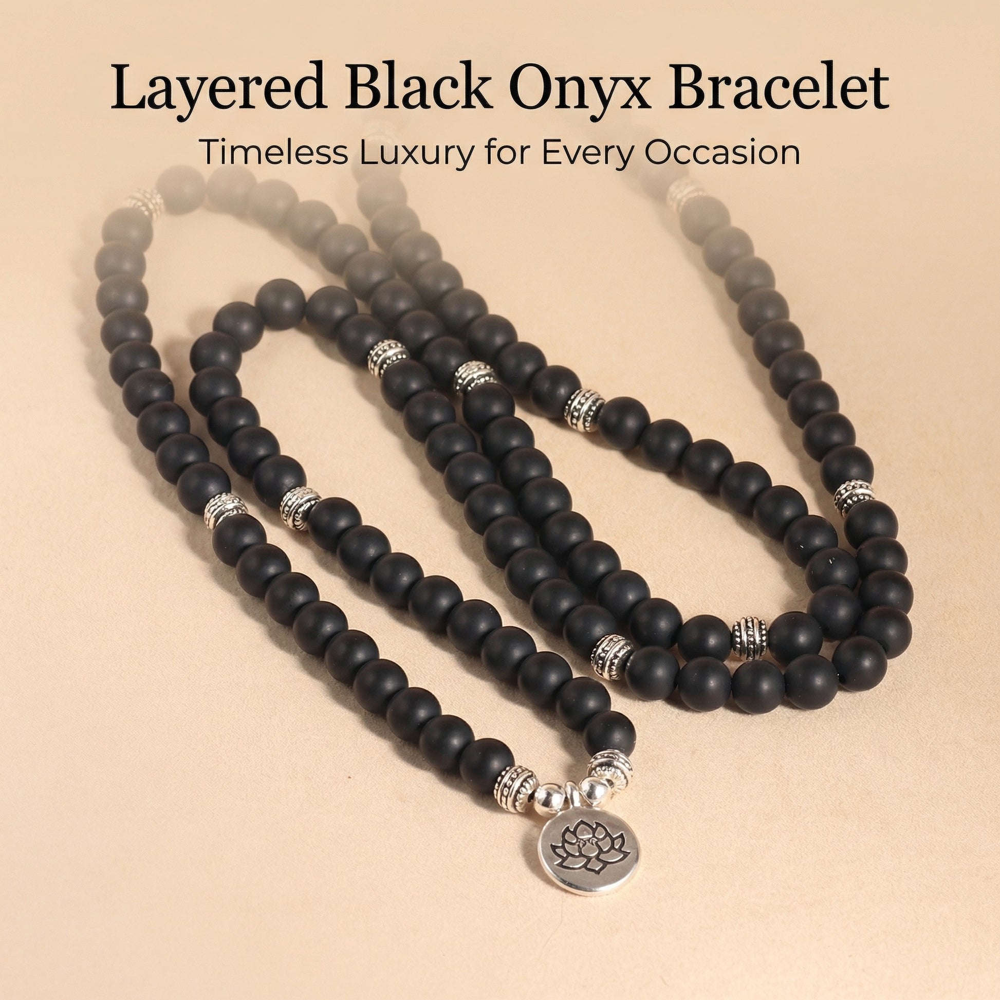 Matte Black Onyx Lotus beaded Necklace 108 Beads Design - Front view | AnwenYing Jewelry