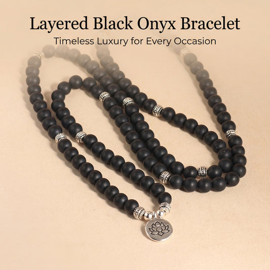Matte Black Onyx Lotus beaded Necklace 108 Beads Design - Front view | AnwenYing Jewelry