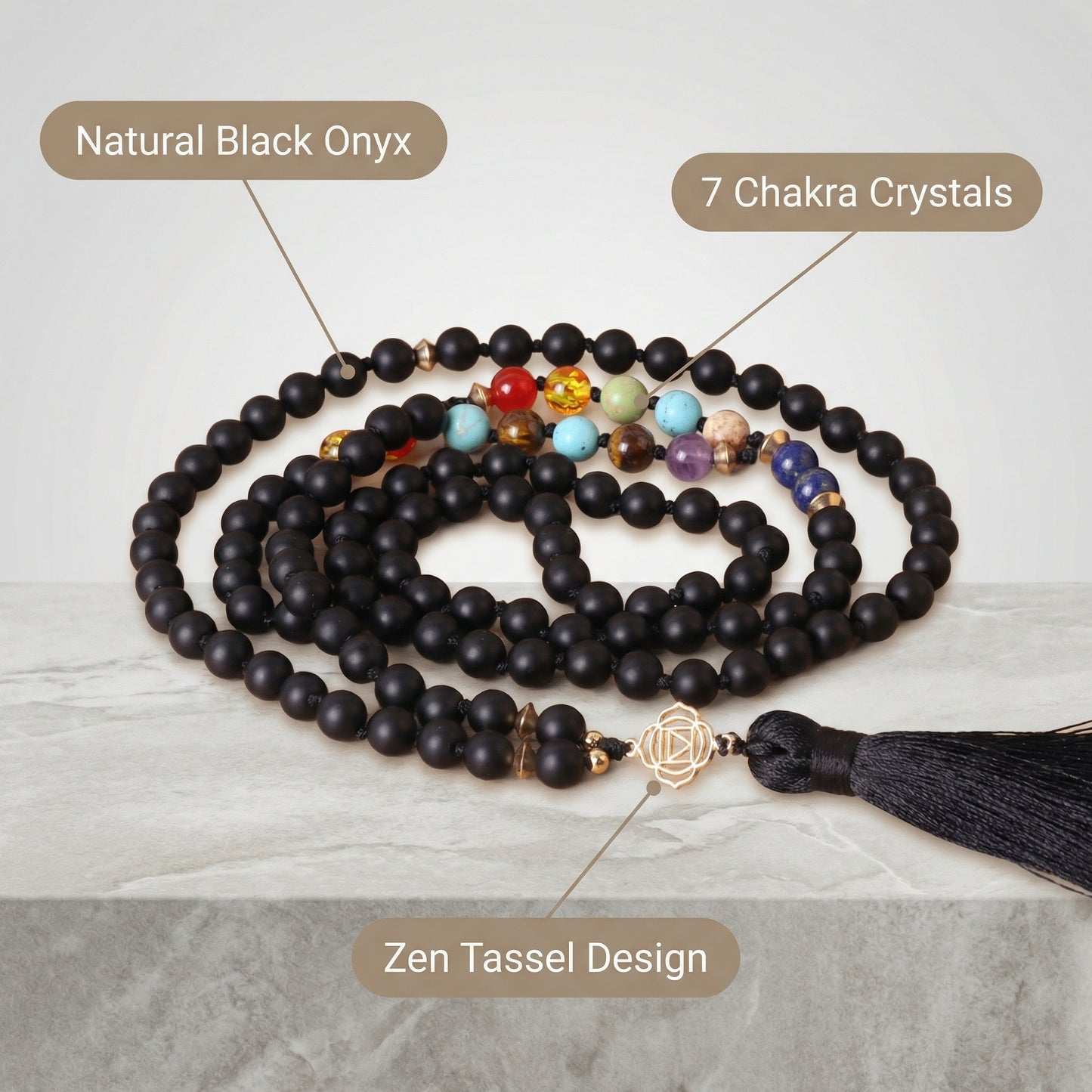108 Black Onyx 7-Stone beaded Beaded Necklace Lotus Tassel Design - Detail view | AnwenYing Jewelry