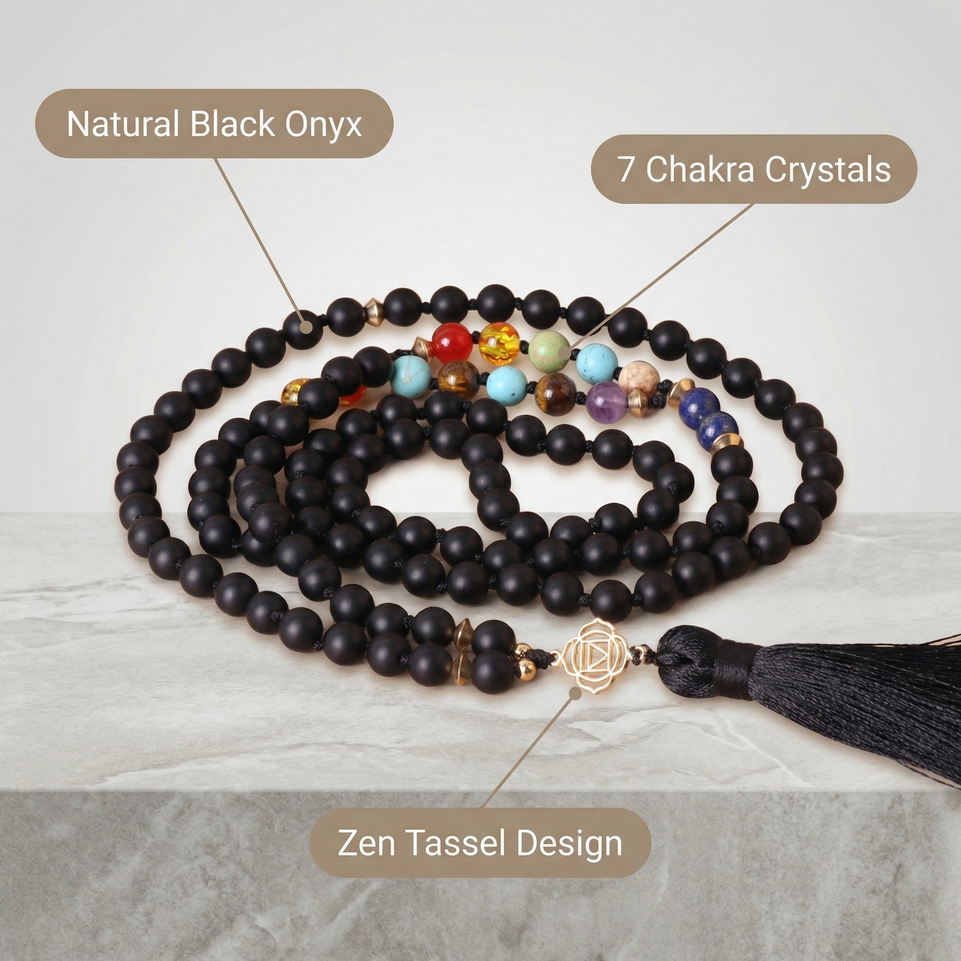 108 Black Onyx 7-Stone beaded Beaded Necklace Lotus Tassel Design - Detail view | AnwenYing Jewelry
