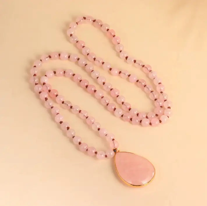 Rose Quartz Layering Necklace Boho Long Beaded Chain with Teardrop Pendant fo... - Close-up | AnwenYing Jewelry