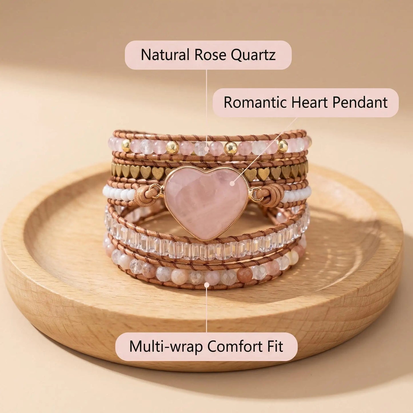 Heart-Shaped Pink Quartz Layered Wrap Bracelet Love Charm Boho Cuff - Detail view | AnwenYing Jewelry