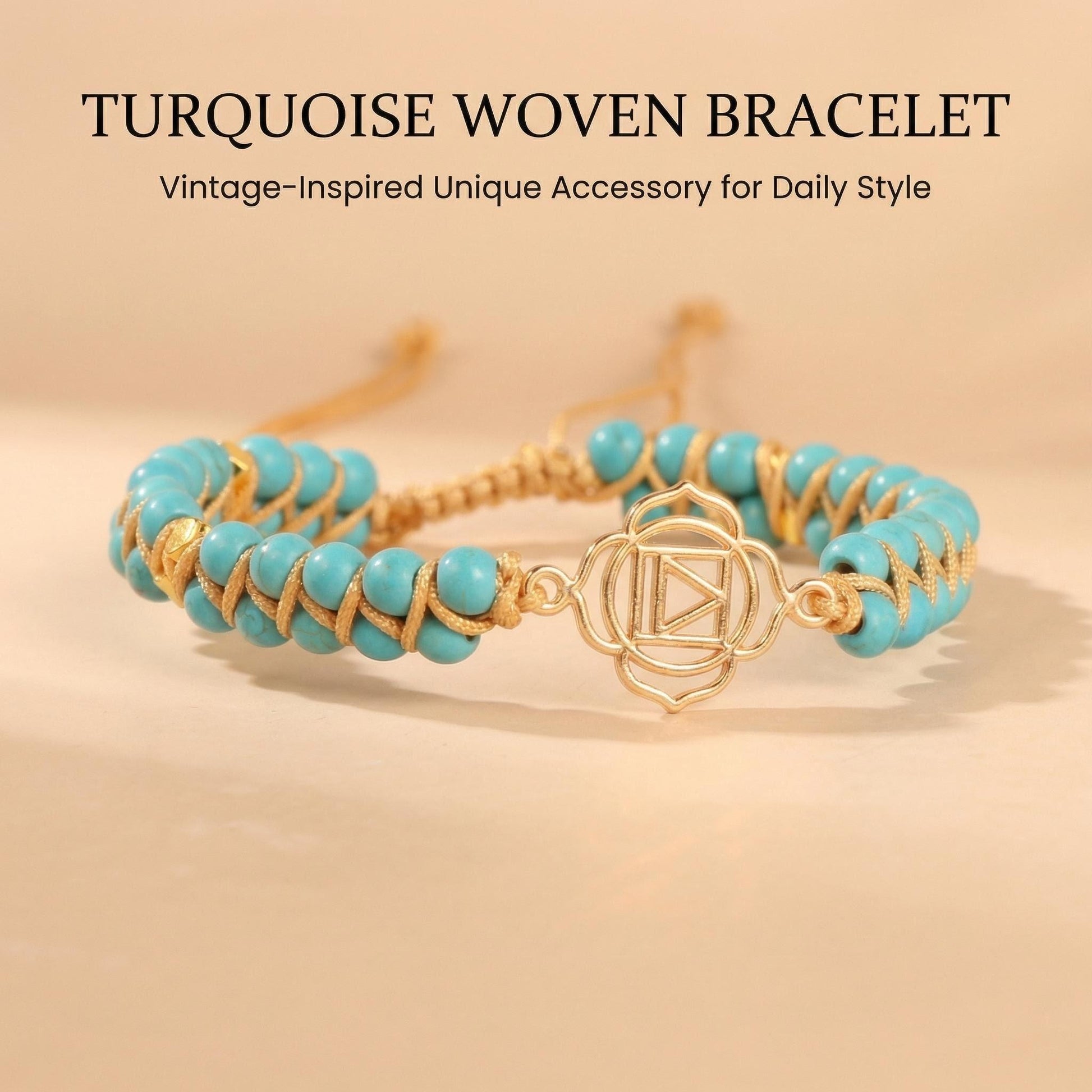 Turquoise Solar Plexus color harmony Woven Bracelet color harmony Symbol Adju... - Front view | AnwenYing Jewelry