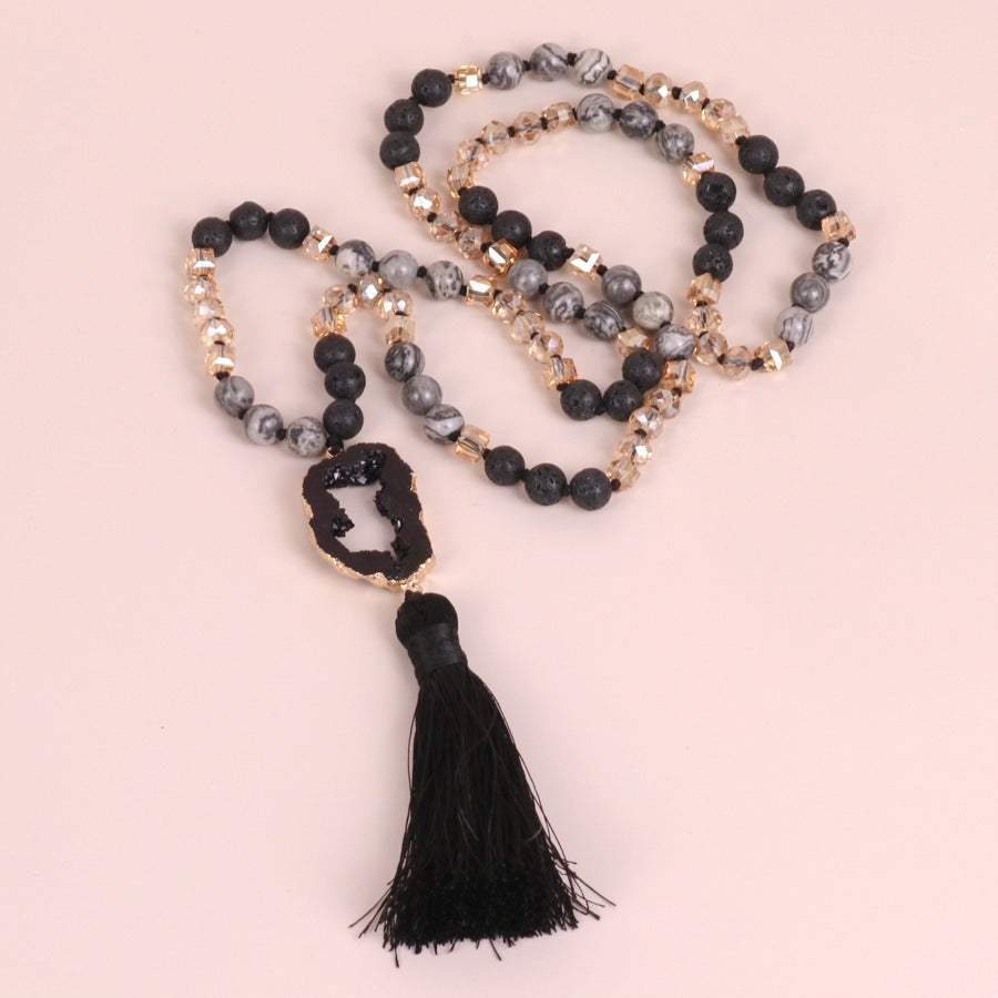 Black Druzy Agate beaded Beaded Necklace Tassel Pendant Design - Detail view | AnwenYing Jewelry