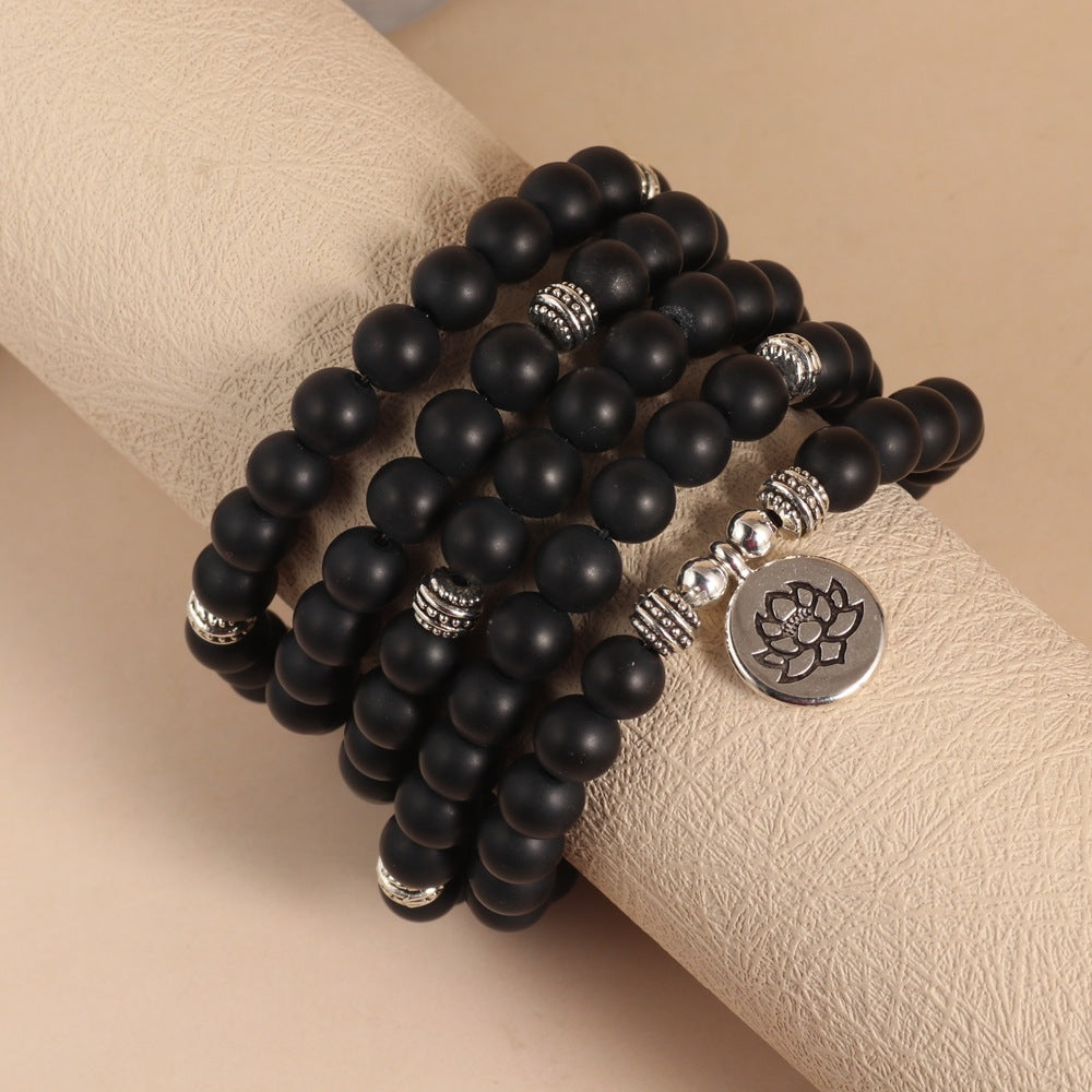 Matte Black Onyx Lotus beaded Necklace 108 Beads Design - Model wearing | AnwenYing Jewelry