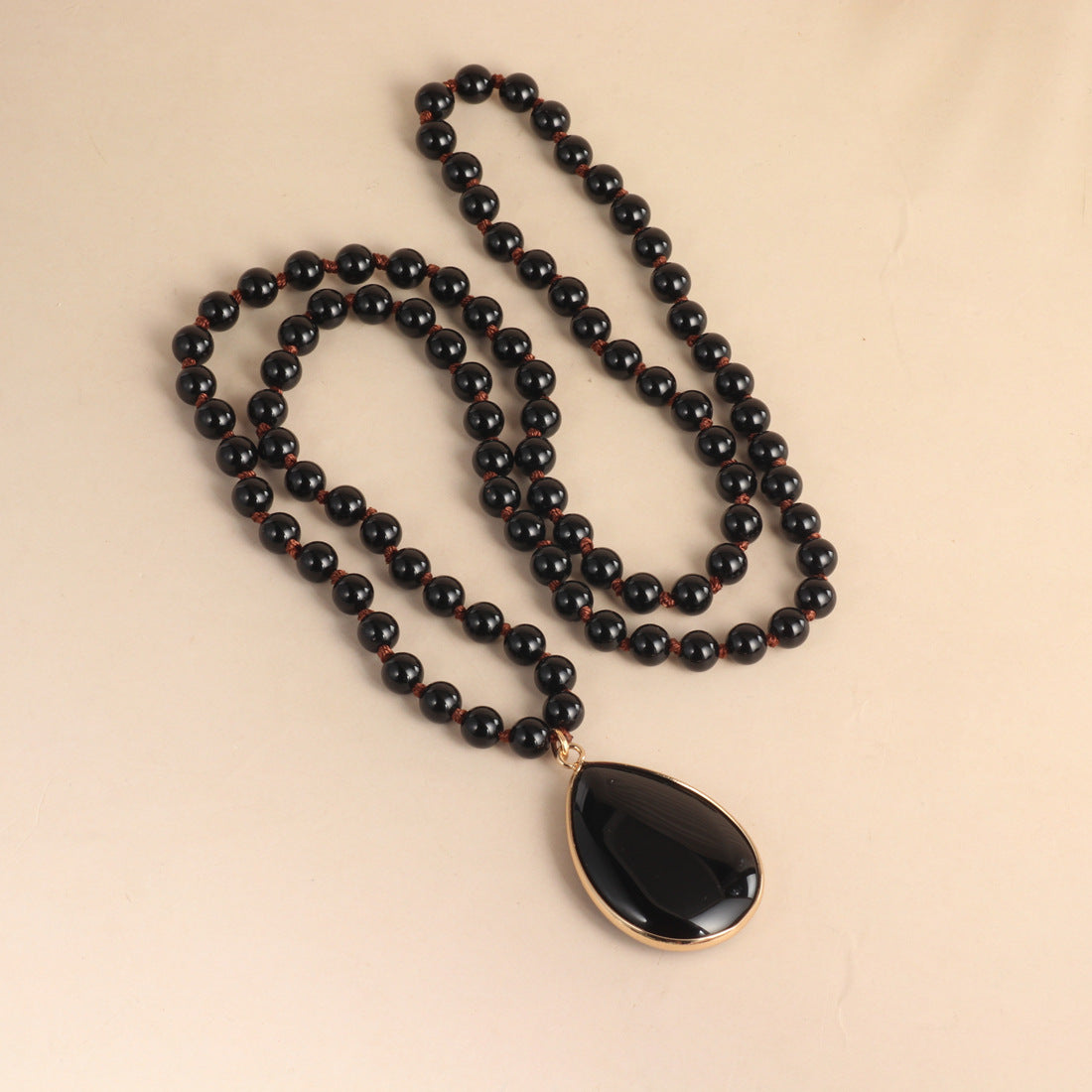 Black Onyx Teardrop beaded Necklace Tassel Pendant - Detail view | AnwenYing Jewelry