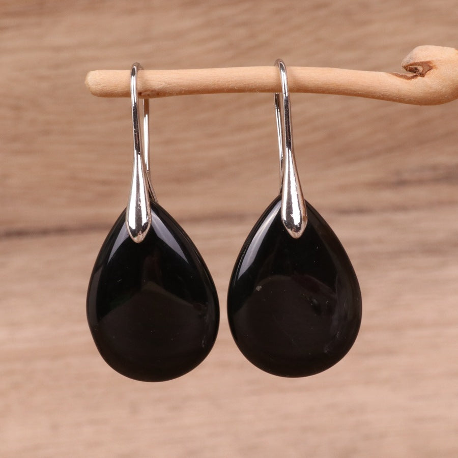 Black Onyx Teardrop Earrings Hook for Minimalist - Side view | AnwenYing Jewelry