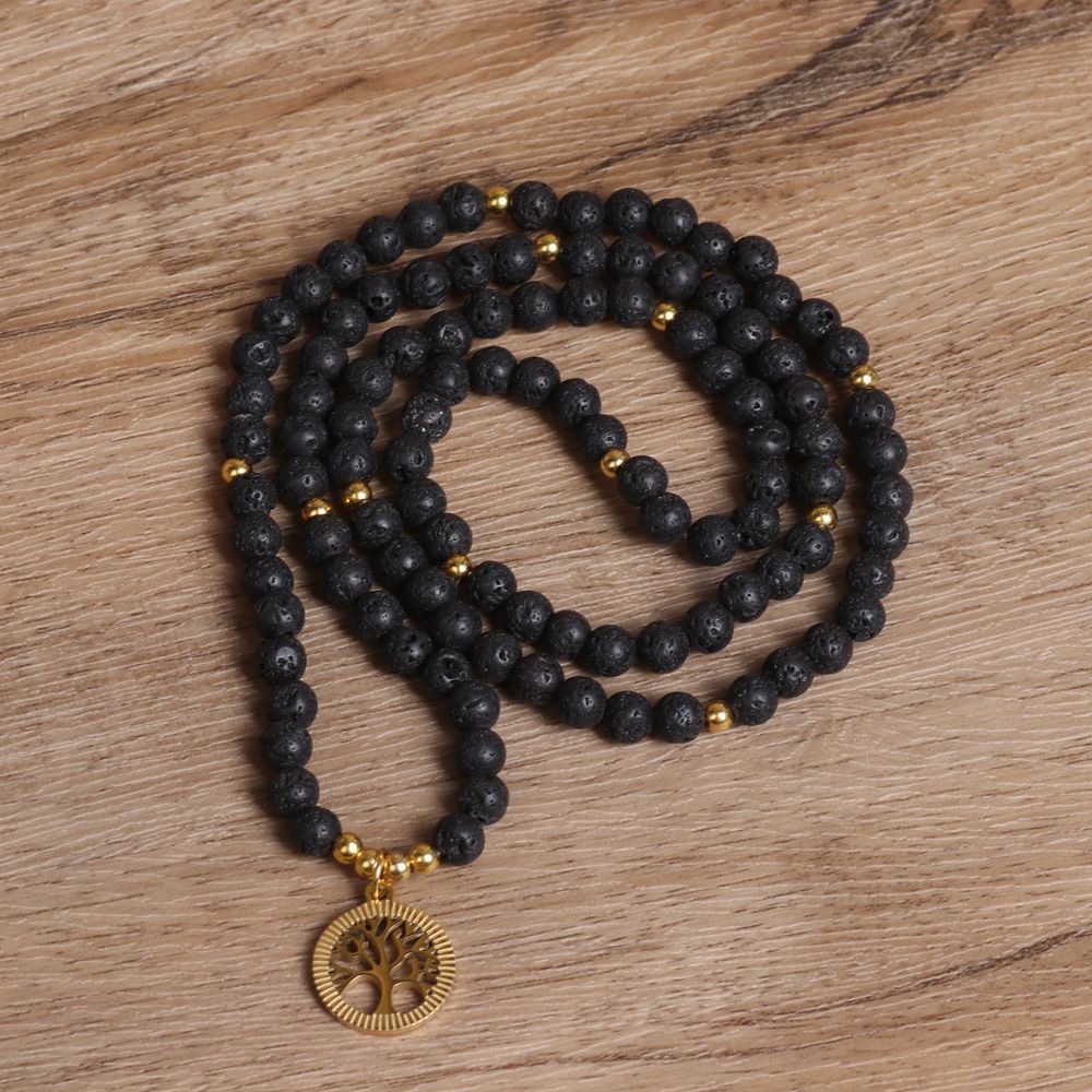 Black Lava Stone Tree of Life beaded Necklace 108 Beads for balanced Connection - Model wearing | AnwenYing Jewelry
