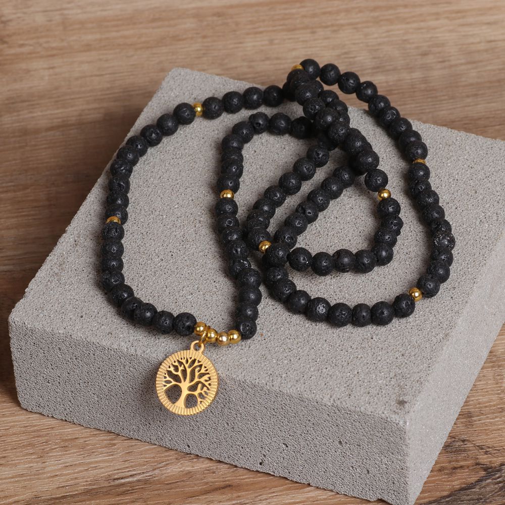 Black Lava Stone Tree of Life beaded Necklace 108 Beads for balanced Connection - Lifestyle image | AnwenYing Jewelry