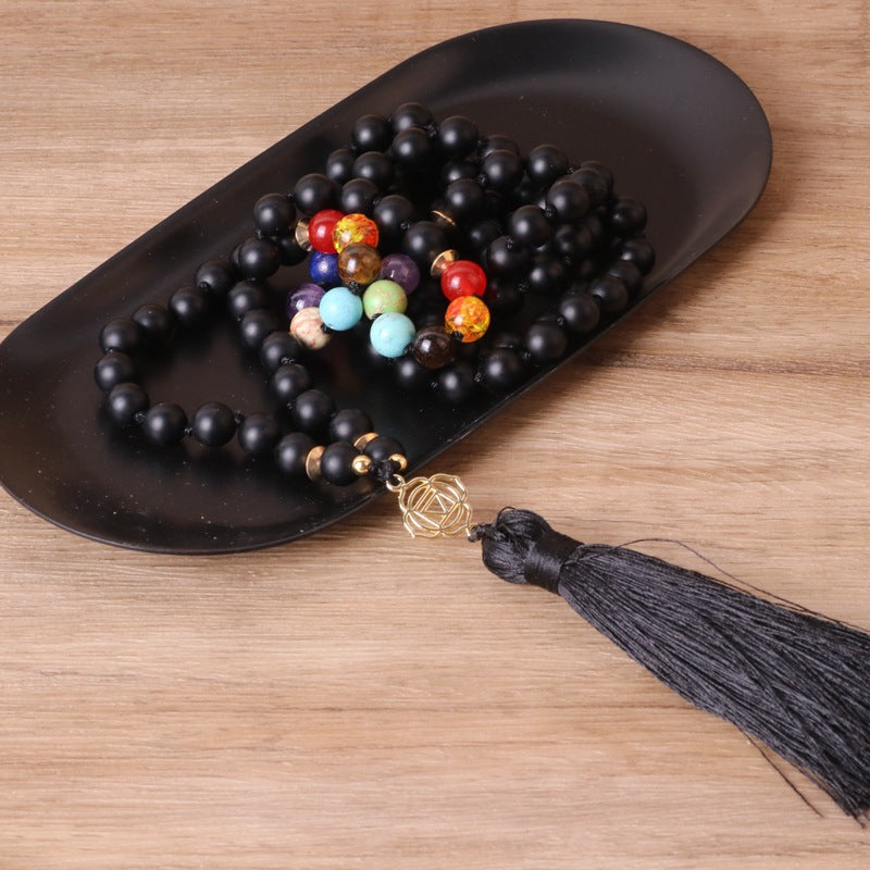 108 Black Onyx 7-Stone beaded Beaded Necklace Lotus Tassel Design - Close-up | AnwenYing Jewelry