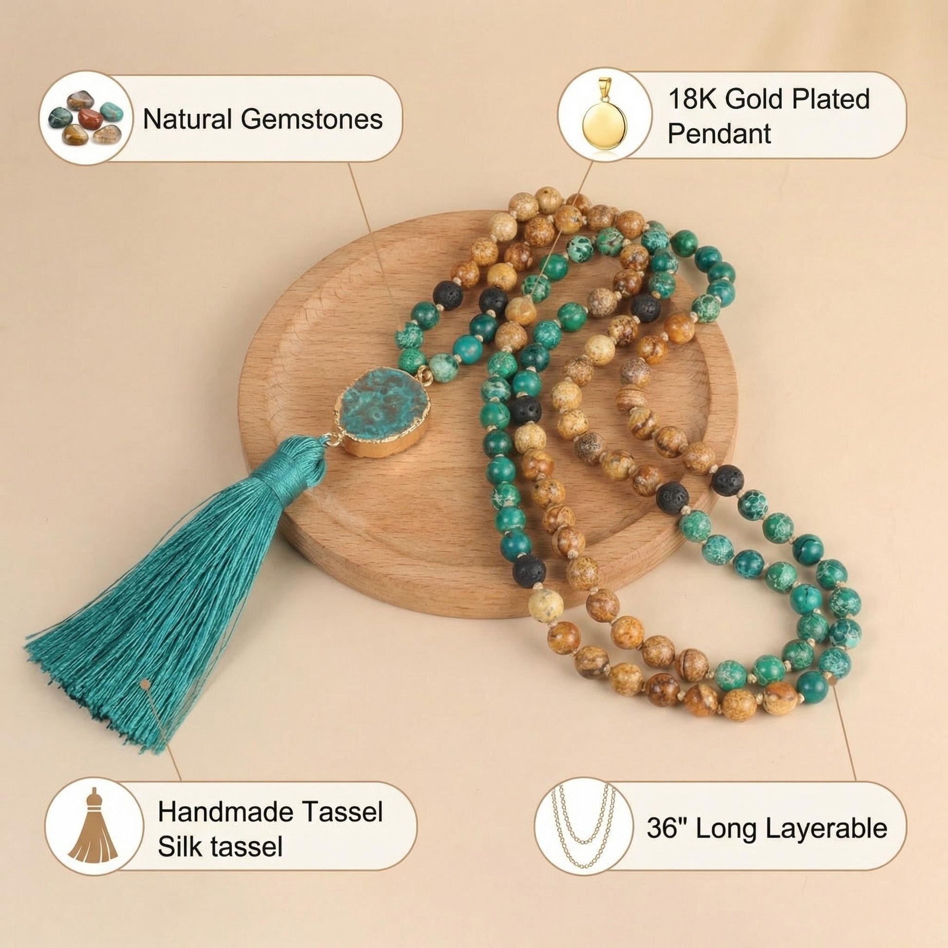Turquoise beaded Necklace Tassel Pendant for Calm durable - Side view | AnwenYing Jewelry