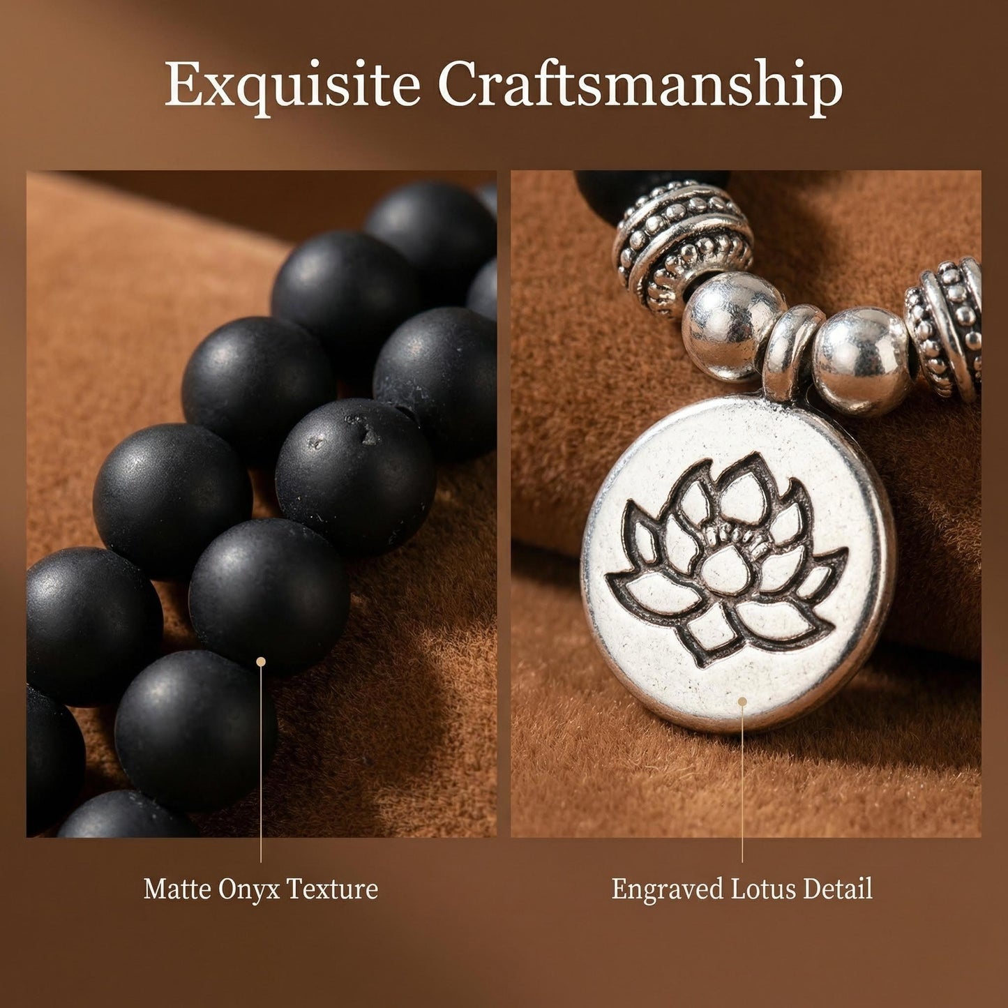 Matte Black Onyx Lotus beaded Necklace 108 Beads Design - Detail view | AnwenYing Jewelry