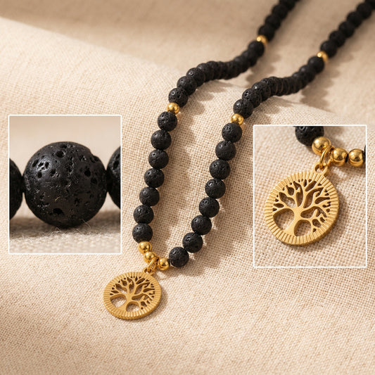 Black Lava Stone Tree of Life beaded Necklace 108 Beads for balanced Connection - Side view | AnwenYing Jewelry