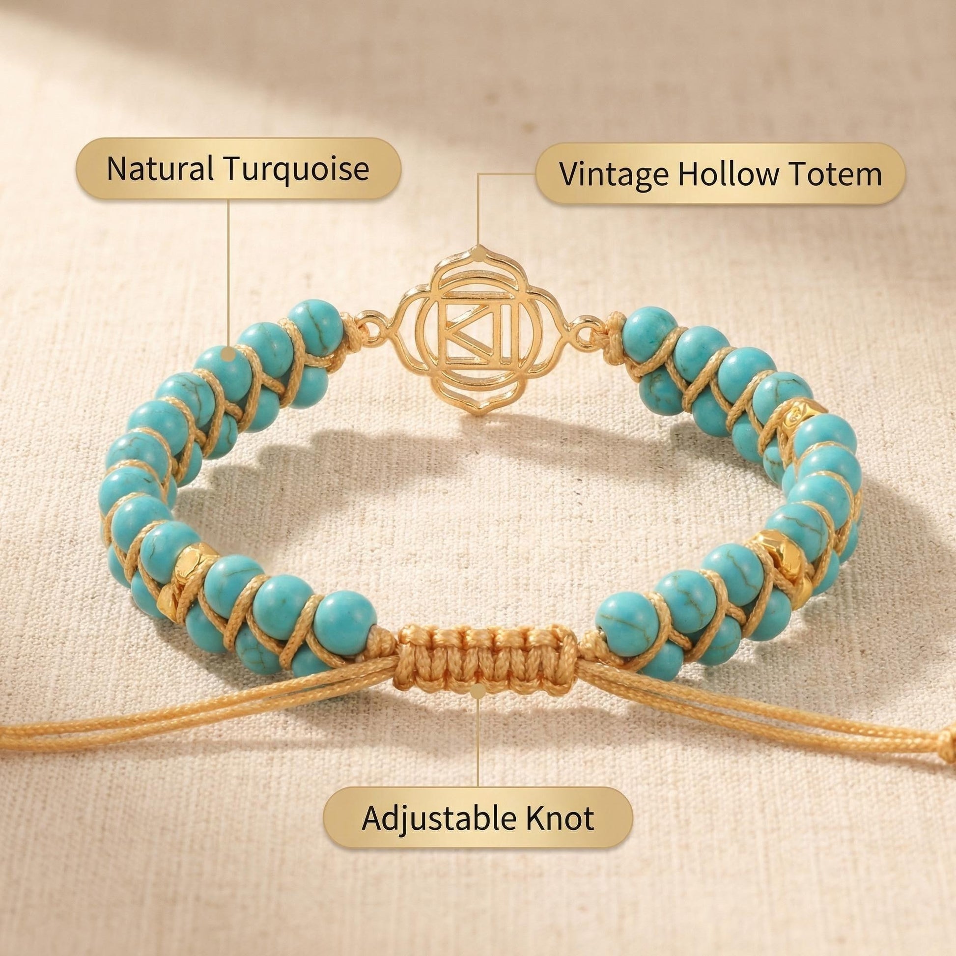 Turquoise Solar Plexus color harmony Woven Bracelet color harmony Symbol Adju... - Side view | AnwenYing Jewelry