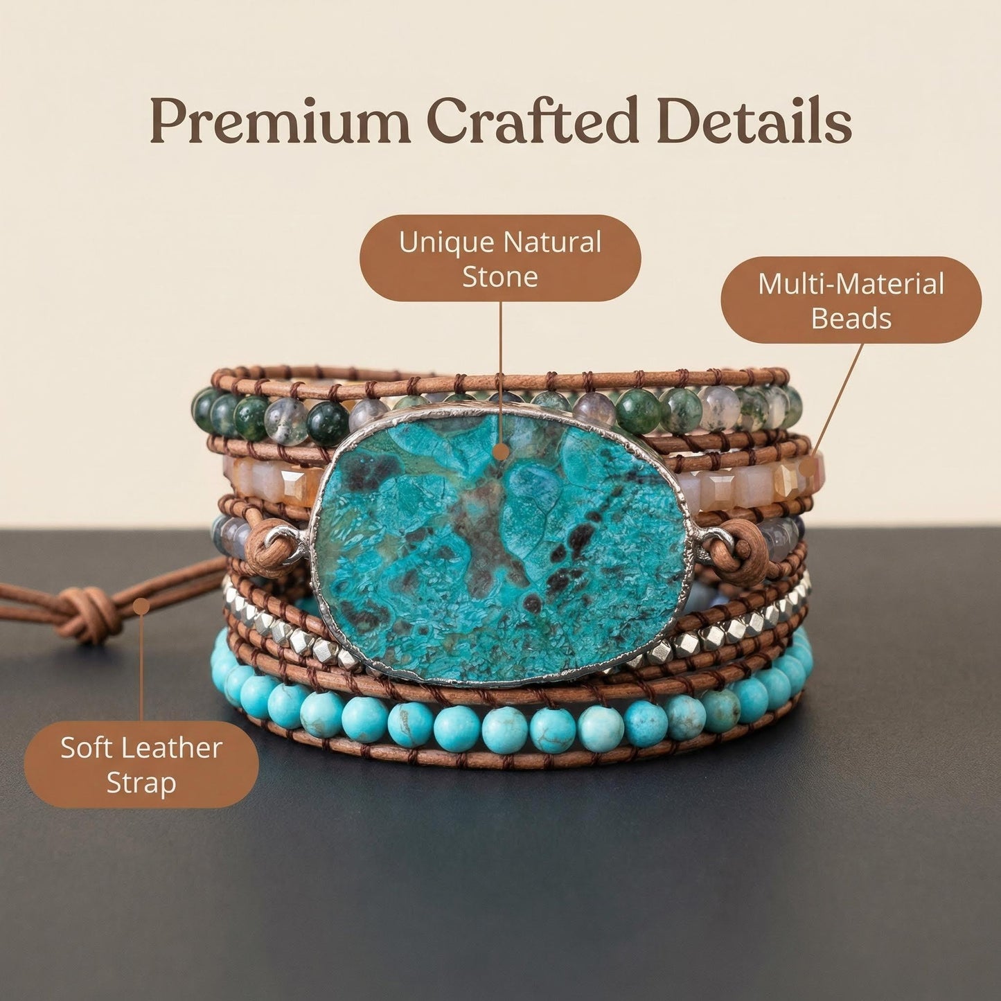 Bohemian Turquoise Wrap Bracelet Multi-Stone Leather Cuff for Balance Boho Style - Detail view | AnwenYing Jewelry