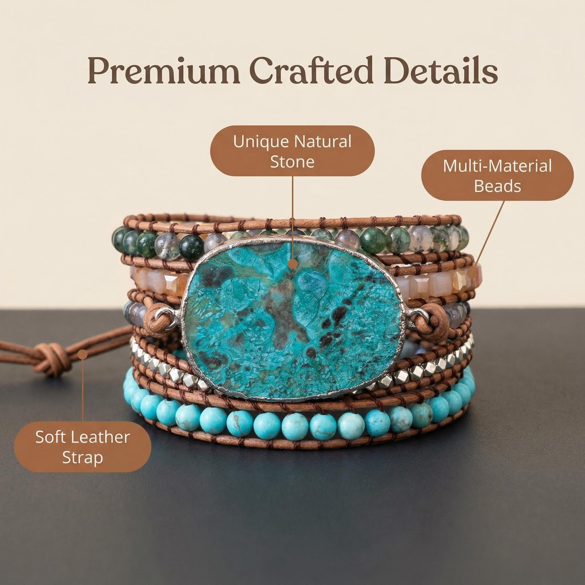 Bohemian Turquoise Wrap Bracelet Multi-Stone Leather Cuff for Balance Boho Style - Detail view | AnwenYing Jewelry