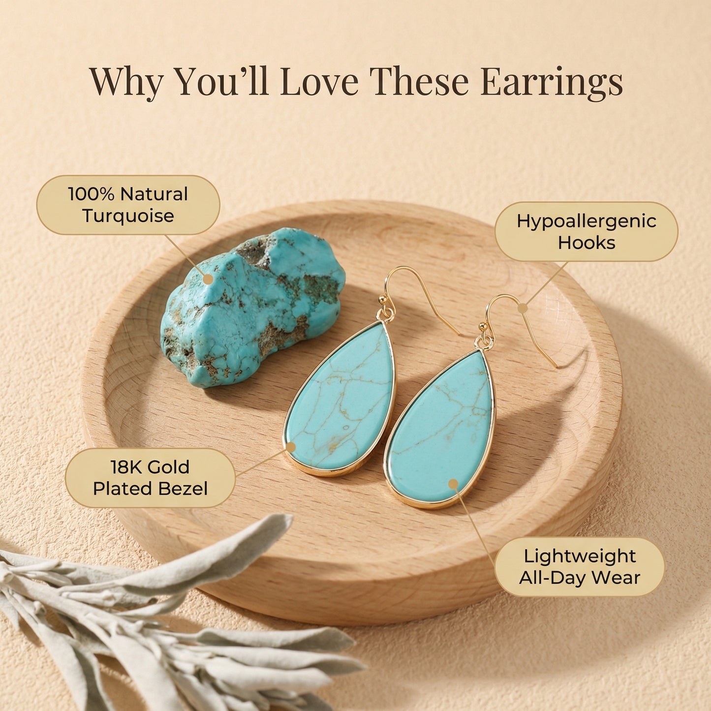 Natural Turquoise Teardrop Earrings Boho minimalist Jewelry for Calm durable - Detail view | AnwenYing Jewelry
