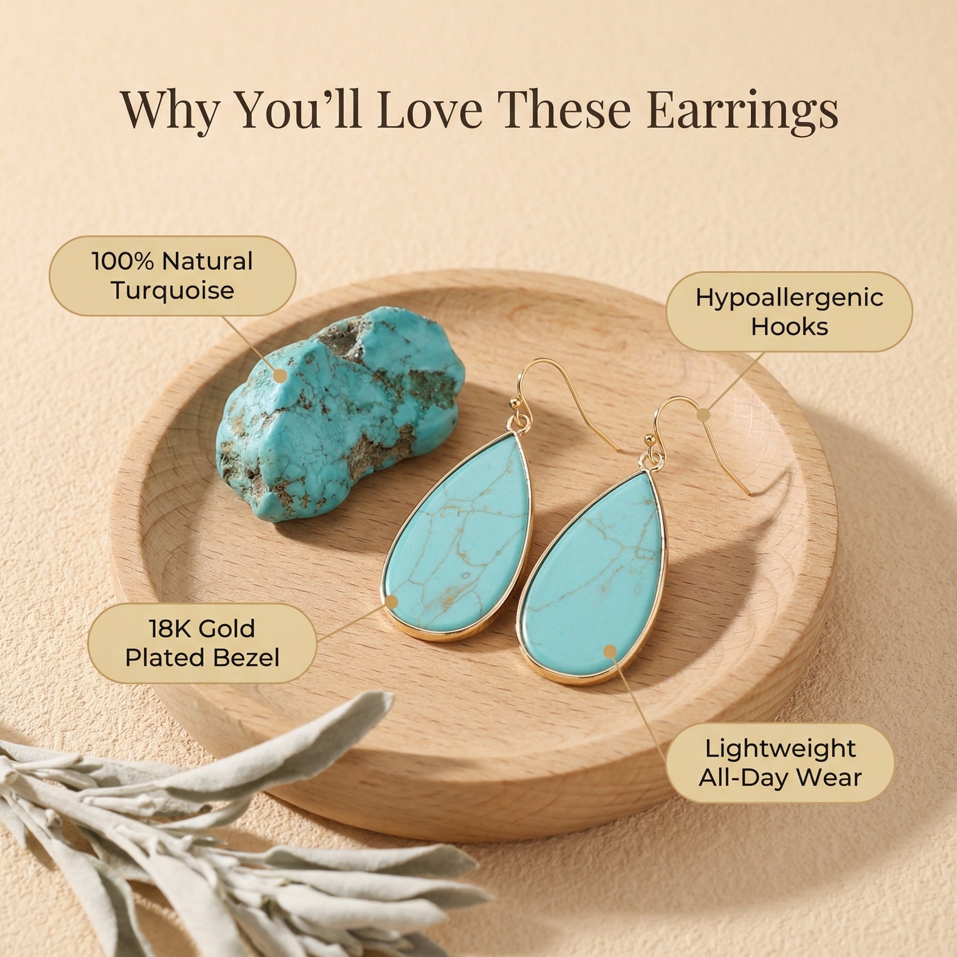 Natural Turquoise Teardrop Earrings Boho minimalist Jewelry for Calm durable - Detail view | AnwenYing Jewelry