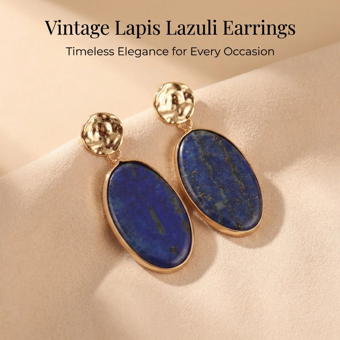 Natural Lapis Lazuli Oval Drop Earrings Hammered Minimalist Jewelry for Wisdo... - Front view | AnwenYing Jewelry