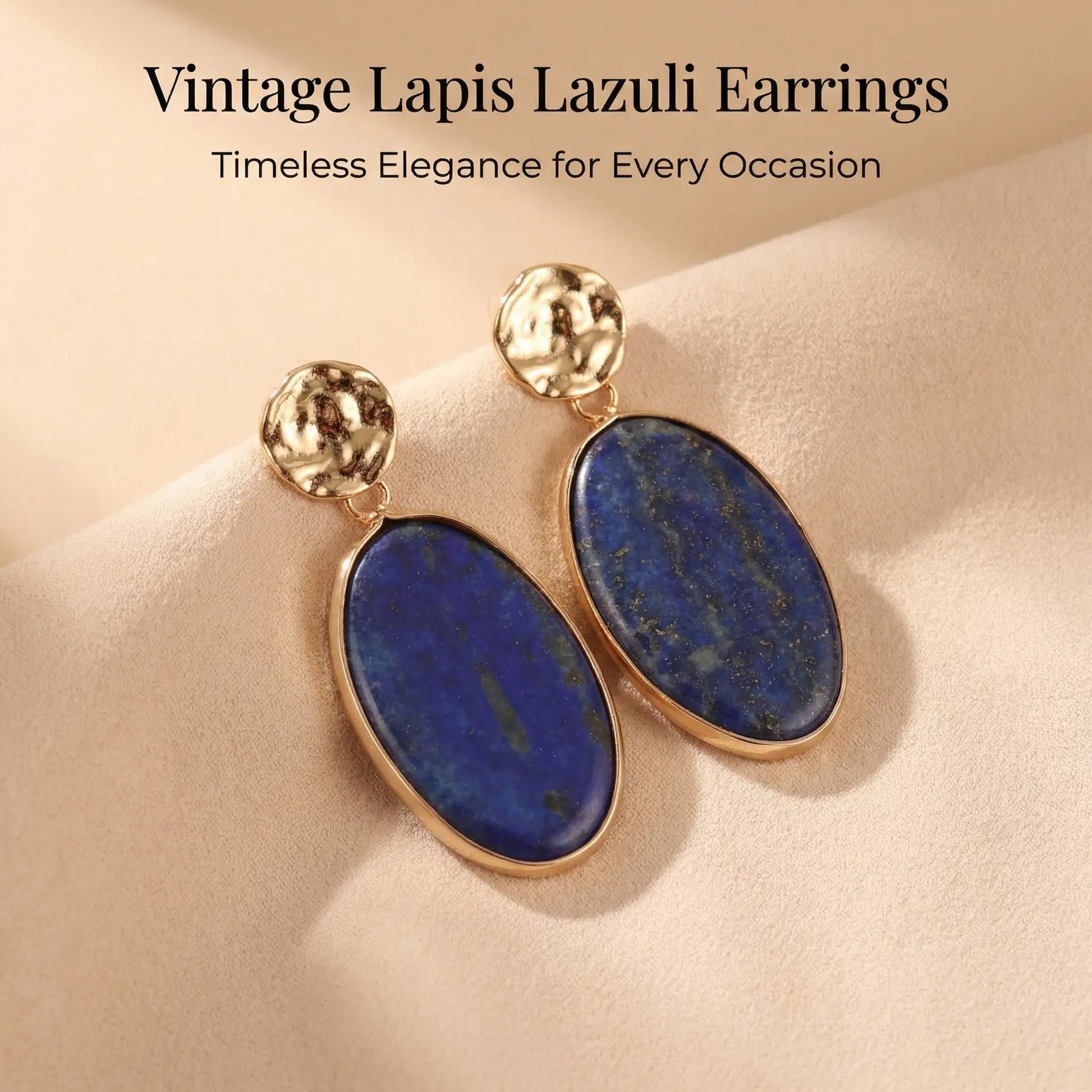 Natural Lapis Lazuli Oval Drop Earrings Hammered Minimalist Jewelry for Wisdo... - Front view | AnwenYing Jewelry