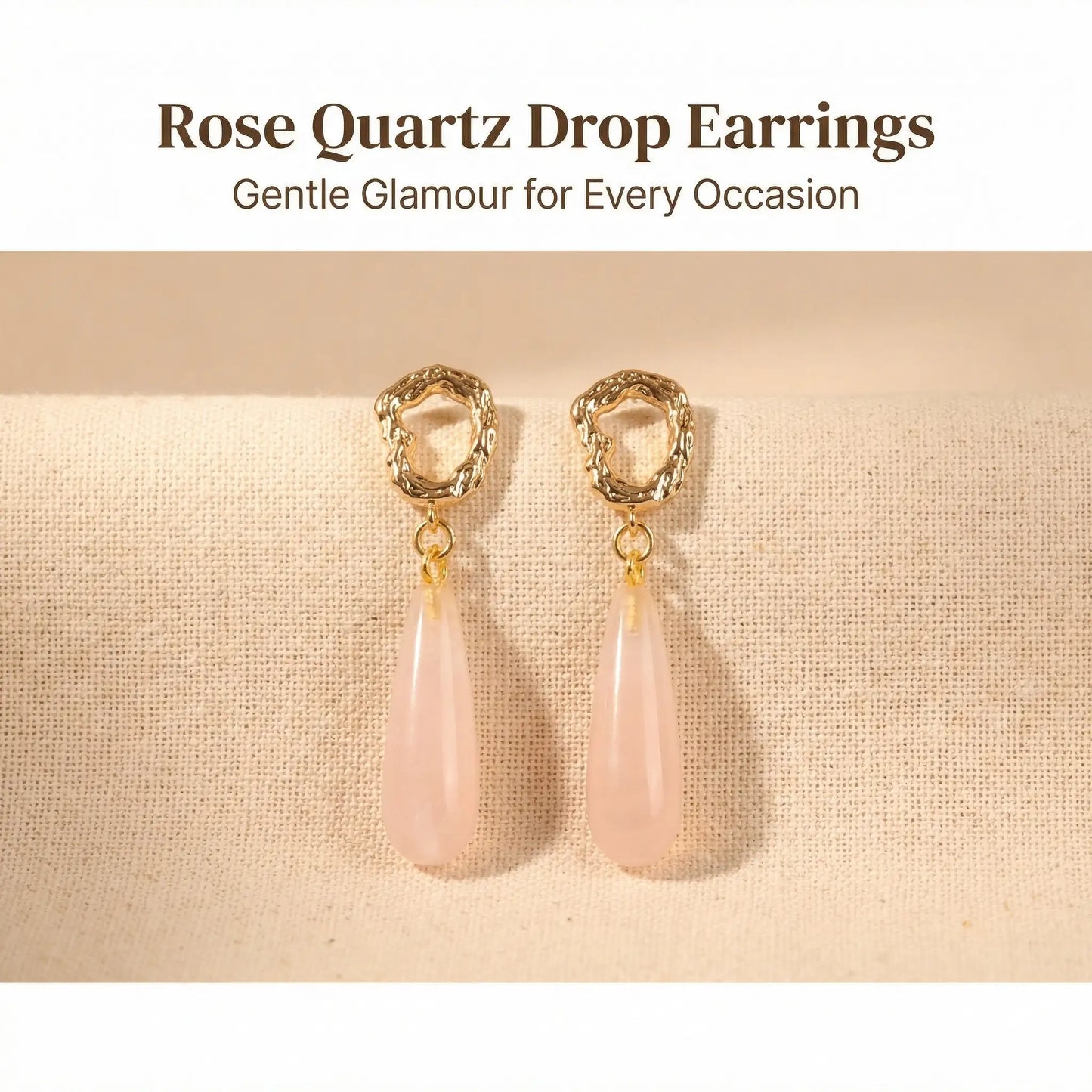 Artisanal Organic Textured Frame Pink Quartz Earrings - Front view | AnwenYing Jewelry