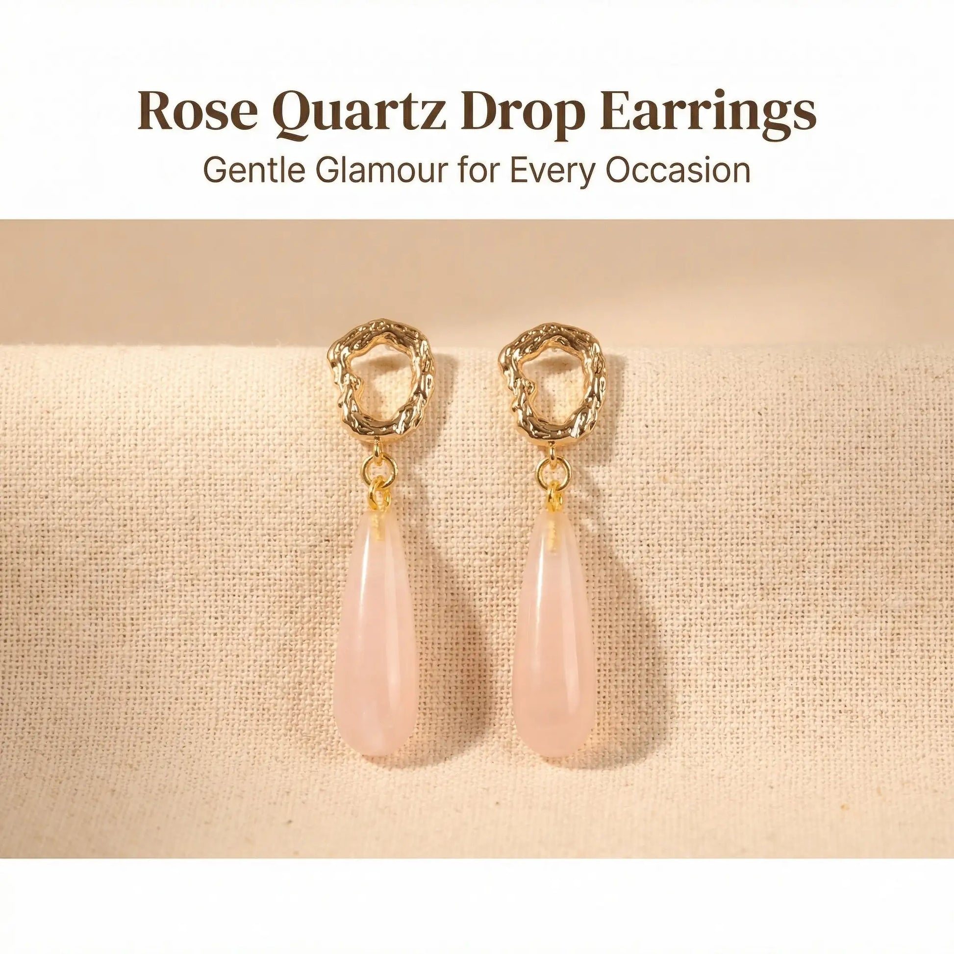 Artisanal Organic Textured Frame Pink Quartz Earrings - Front view | AnwenYing Jewelry