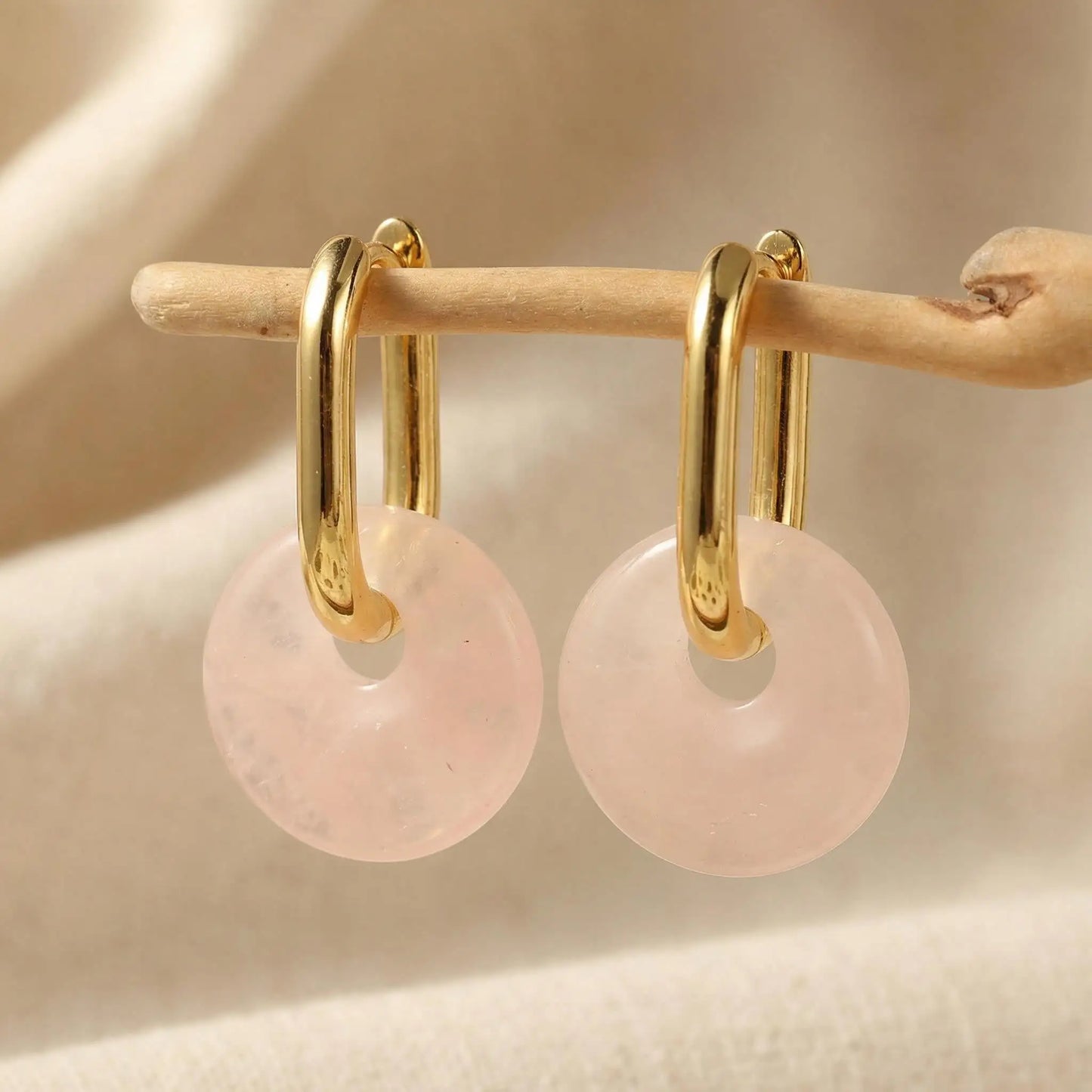 Vintage Pink Quartz Donut Hoop Earrings Peace Coin Amulet - Side view | AnwenYing Jewelry