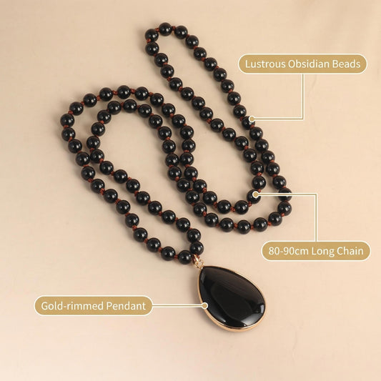 Black Onyx Teardrop beaded Necklace Tassel Pendant - Side view | AnwenYing Jewelry